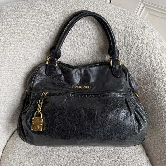 Miu Miu Charm Wrinkled Leather Black Handbag