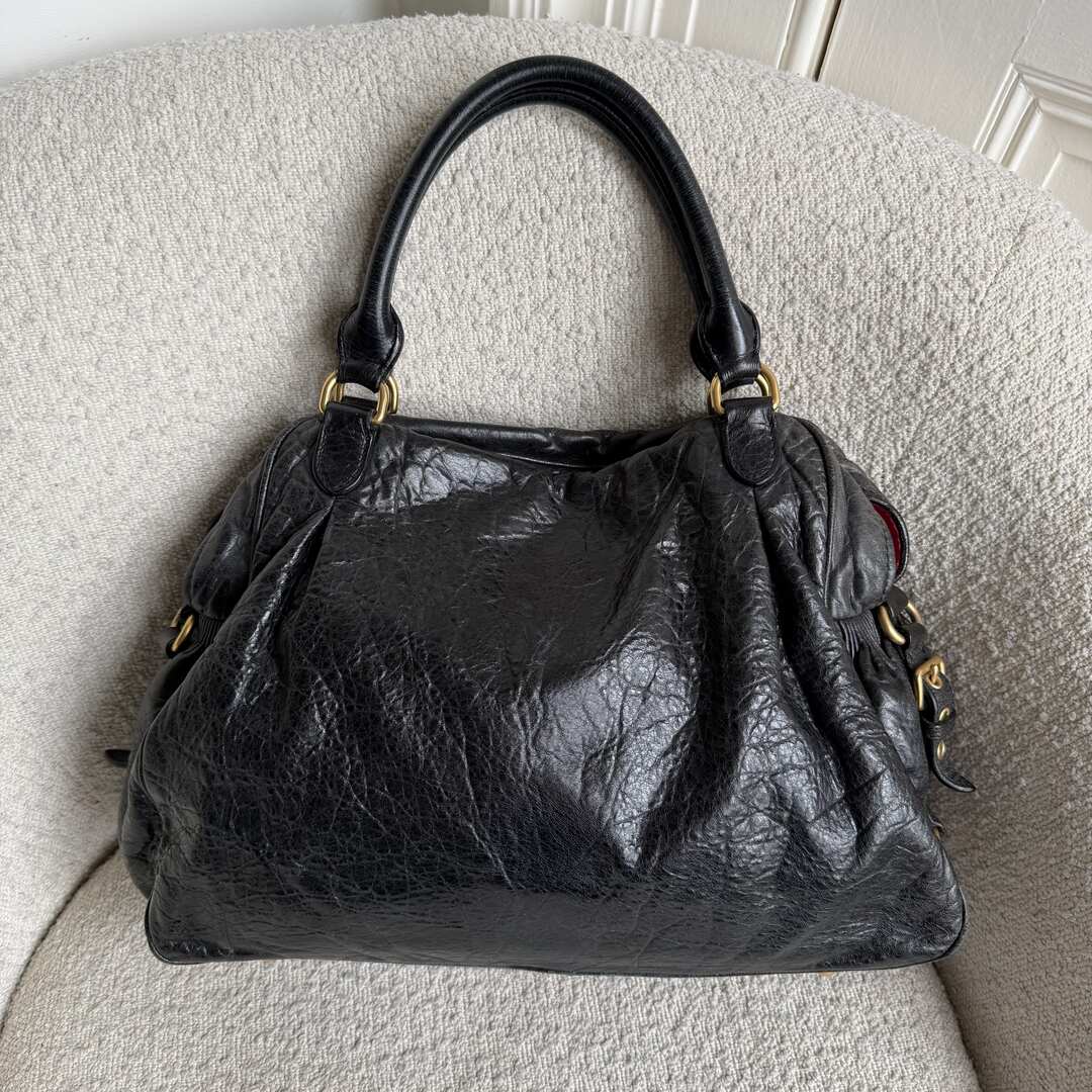Miu Miu Charm Wrinkled Leather Black Handbag