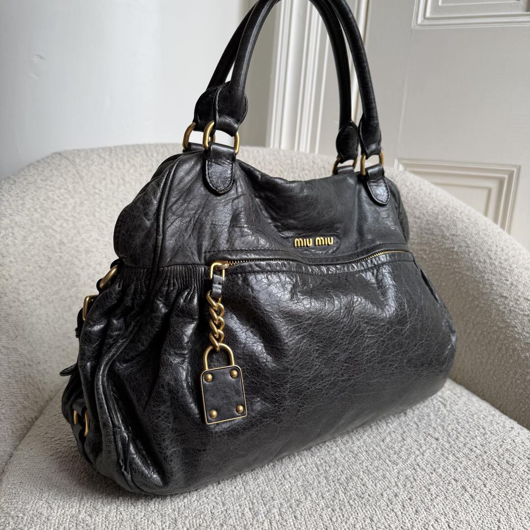 Miu Miu Charm Wrinkled Leather Black Handbag