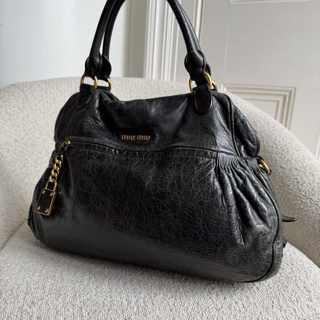 Miu Miu Charm Wrinkled Leather Black Handbag