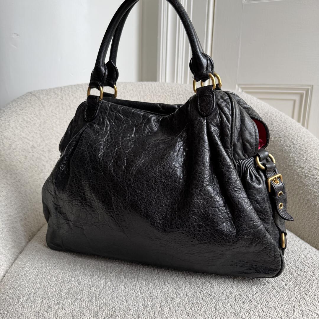 Miu Miu Charm Wrinkled Leather Black Handbag