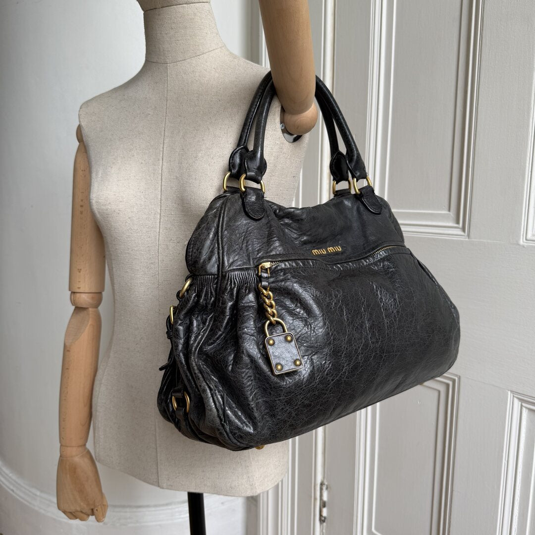 Miu Miu Charm Wrinkled Leather Black Handbag