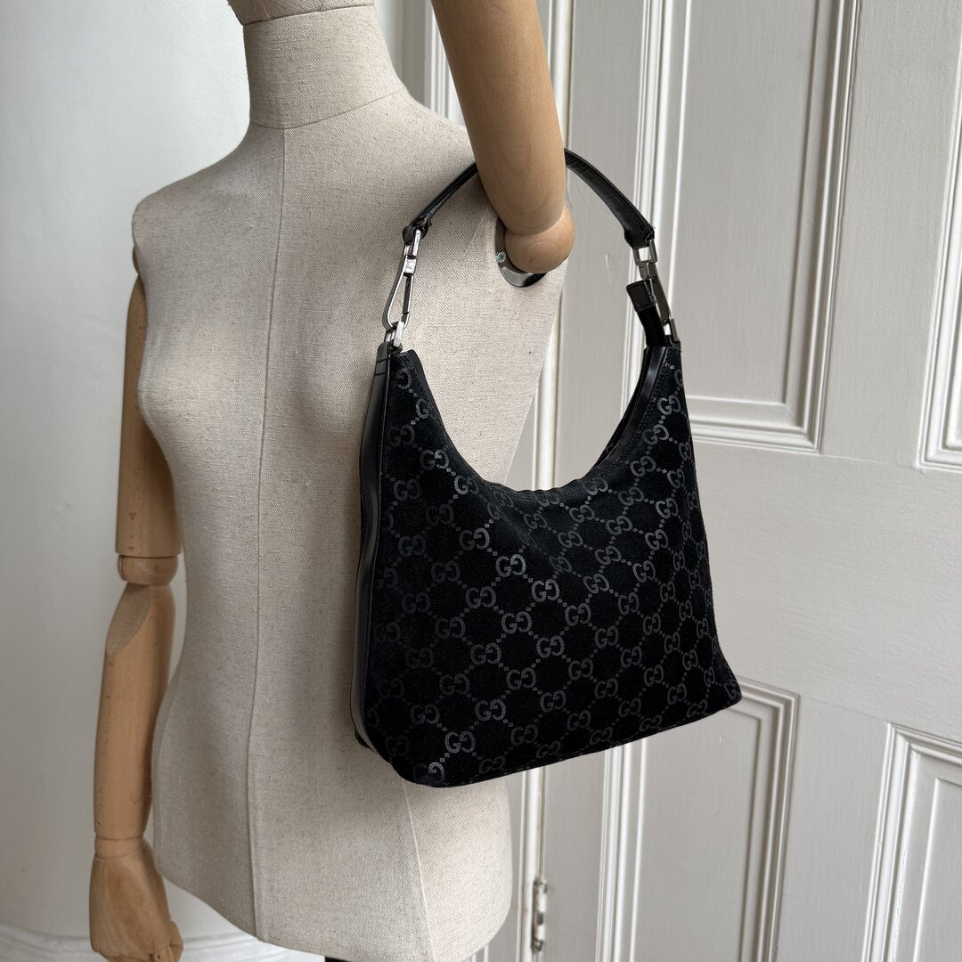 Gucci GG Monogram Suede Navy Shoulder Bag