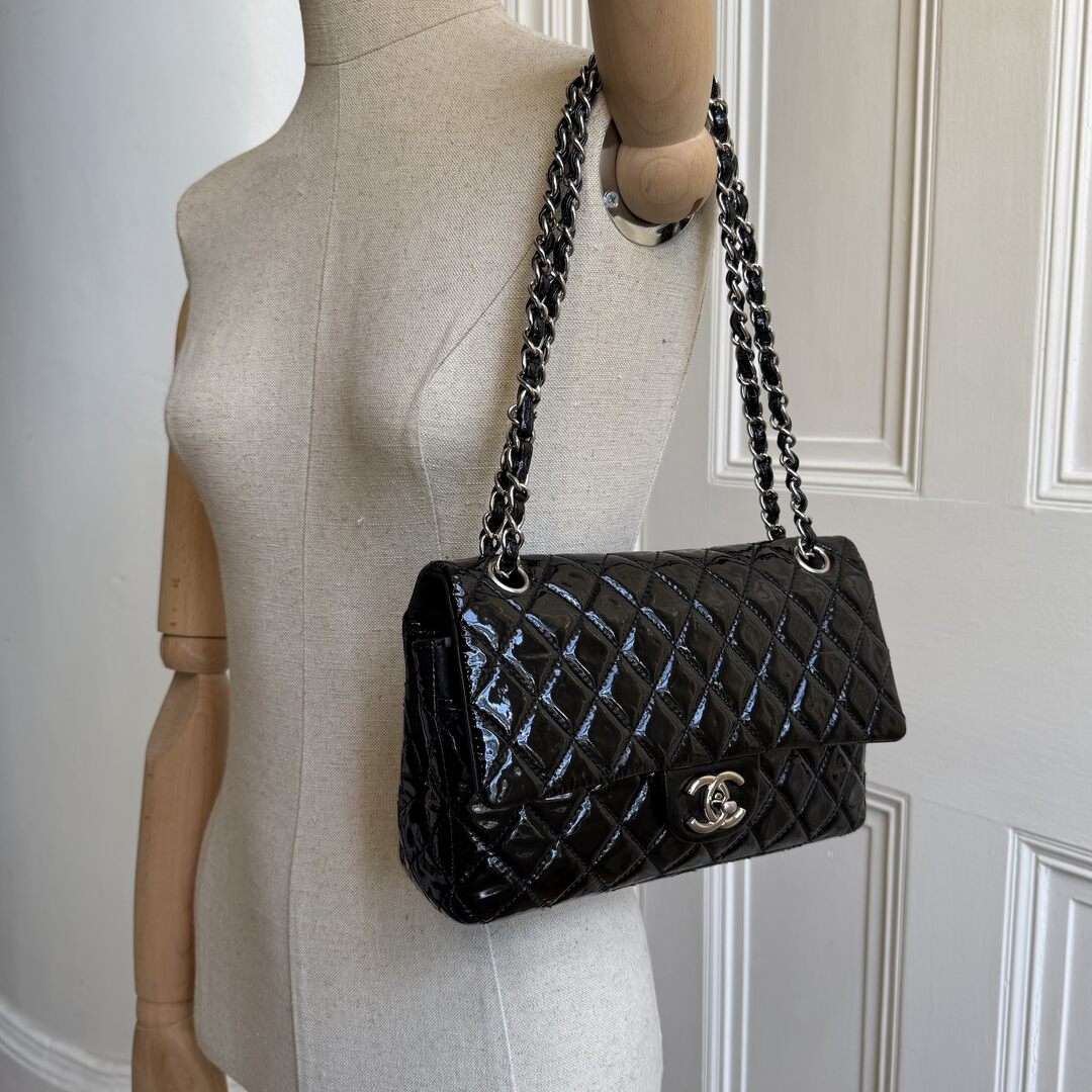2009 Chanel Timeless Classic Patent Black Flap Shoulder Bag