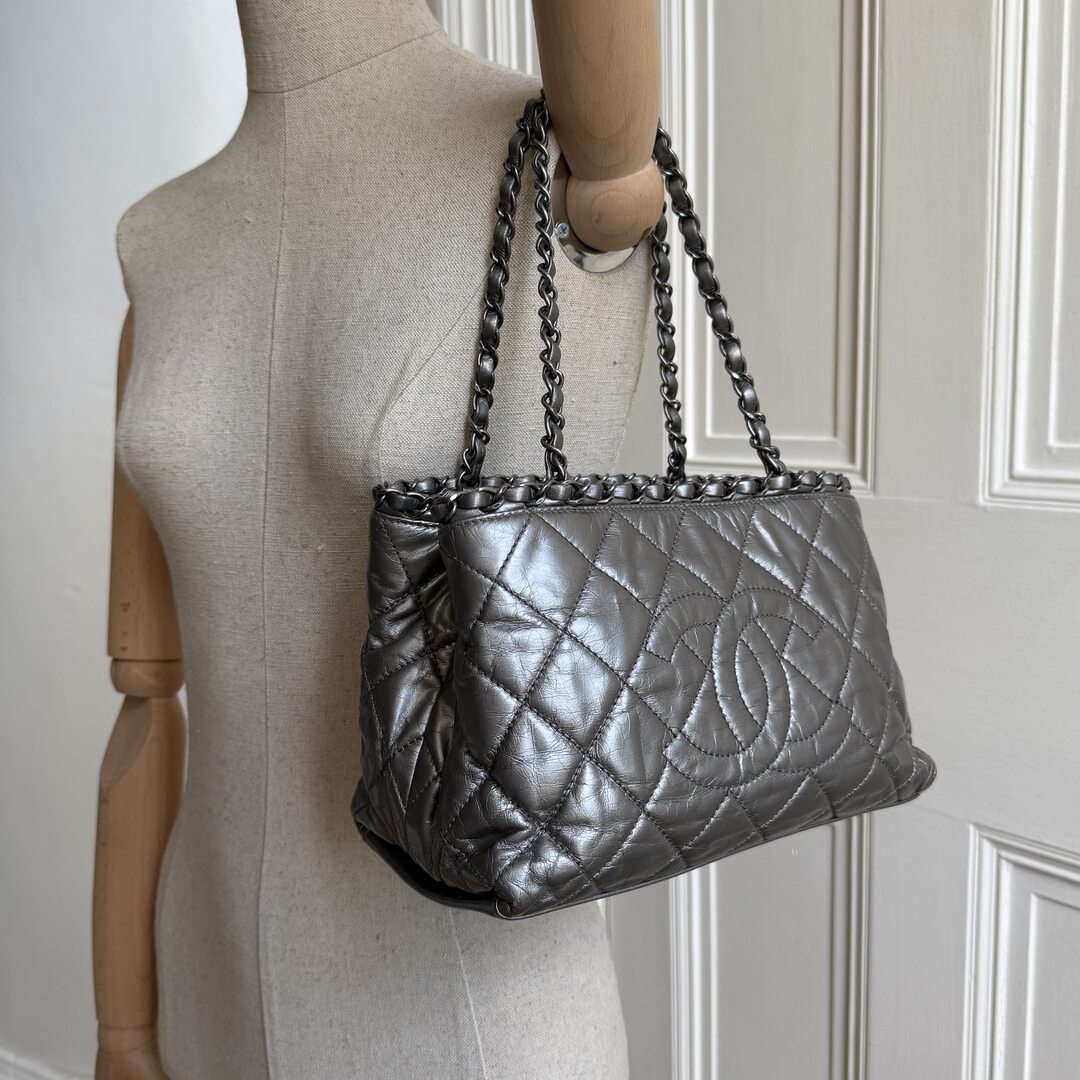 2012 Chanel Chain Me Metallic Silver Chain Tote Bag