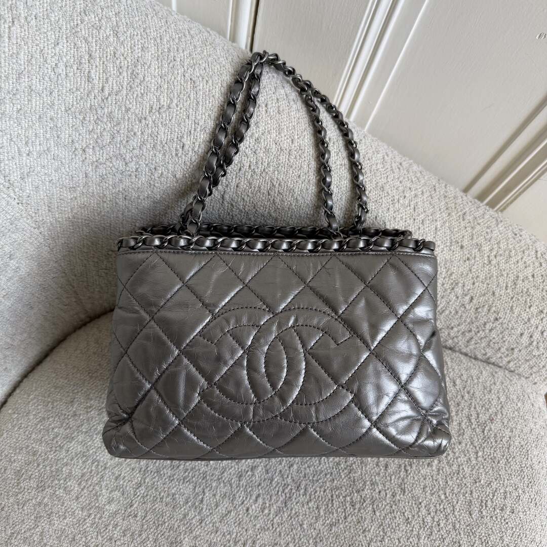 2012 Chanel Chain Me Metallic Silver Chain Tote Bag