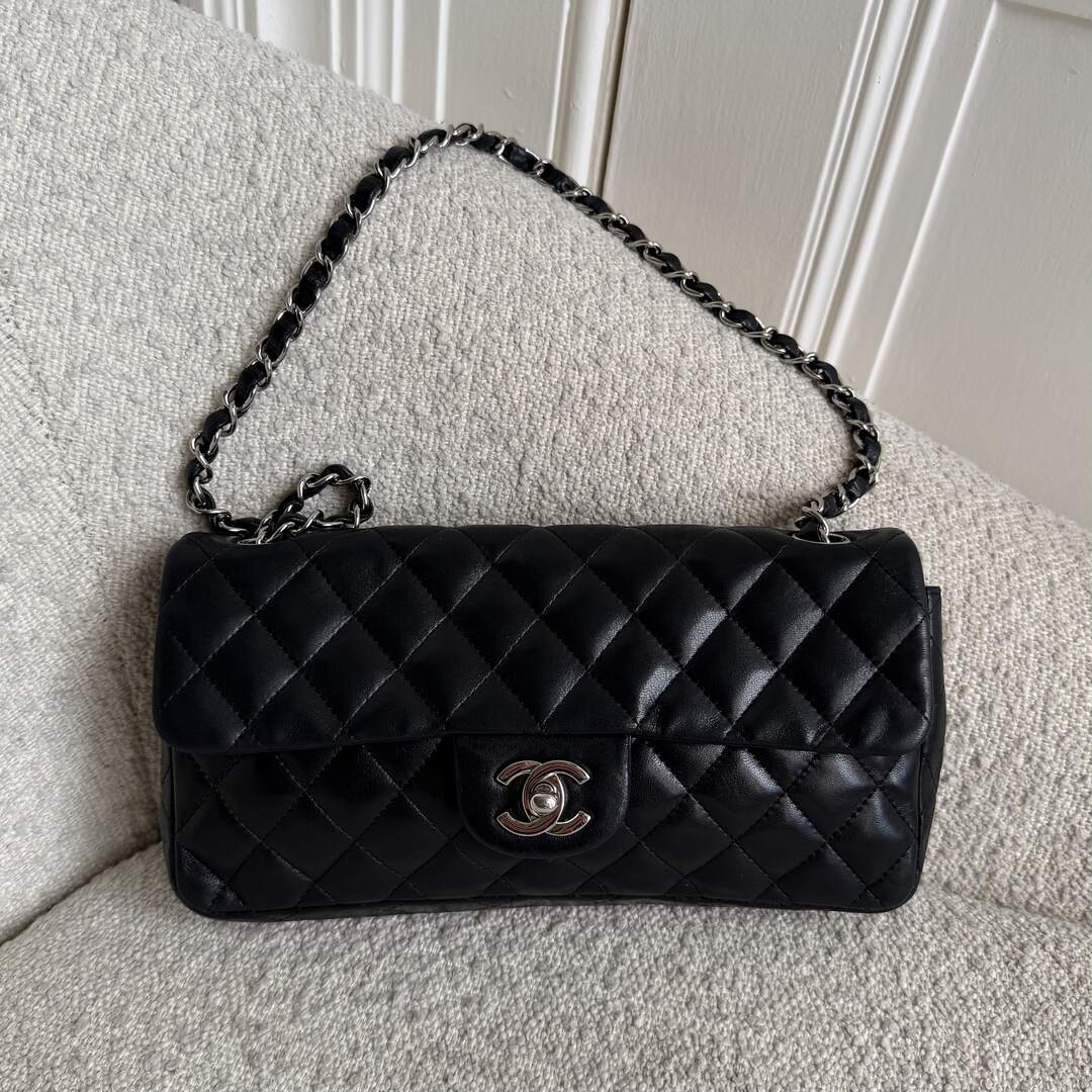 2008 Chanel East West Black Leather Flap Mini Shoulder Bag