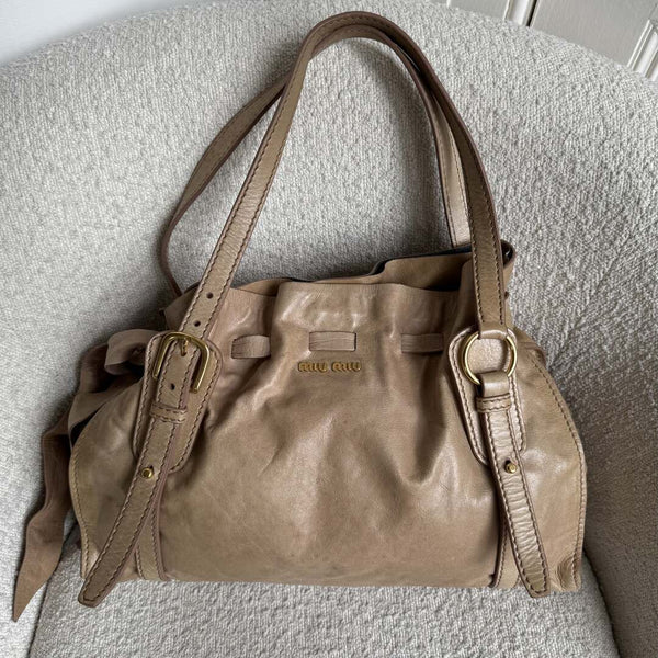 Miu Miu Vitello Leather Beige Tote Bag
