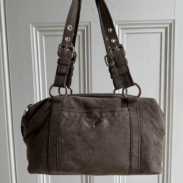 Prada Suede Grey Leather Shoulder Bag