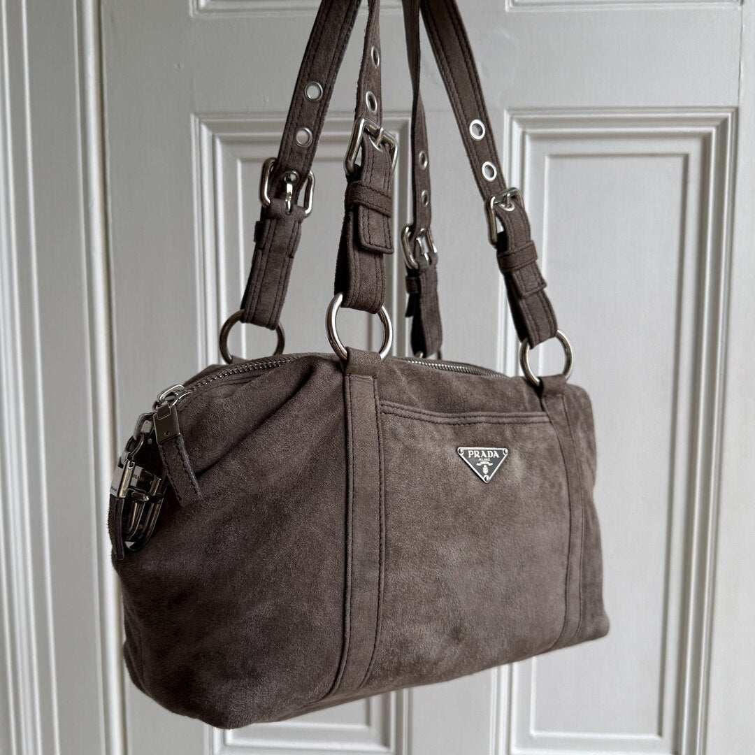 Prada Suede Grey Leather Shoulder Bag