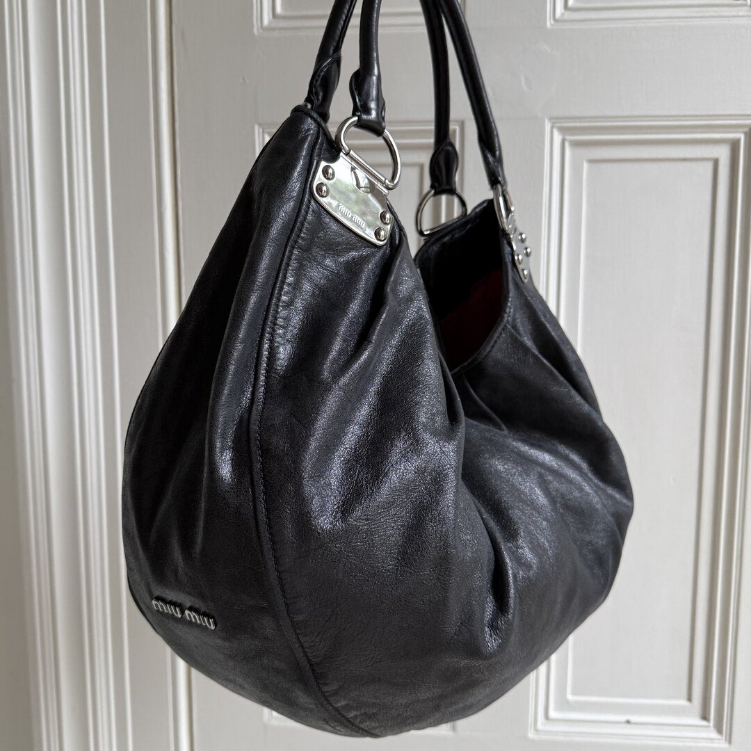 Miu Miu Black Leather Hobo Shoulder Bag
