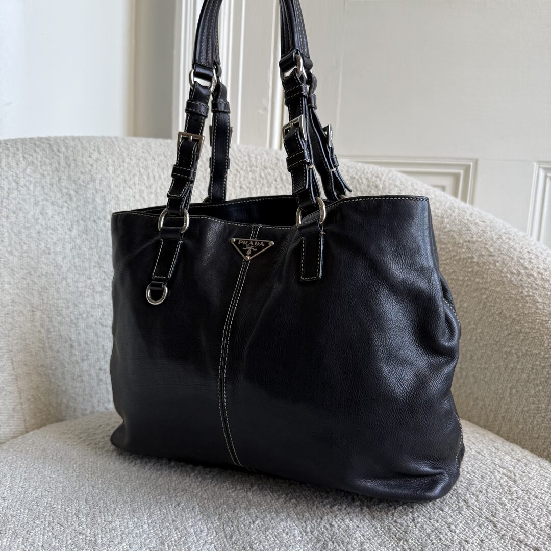 2004 Prada Vitello Daino Leather Black Tote Bag