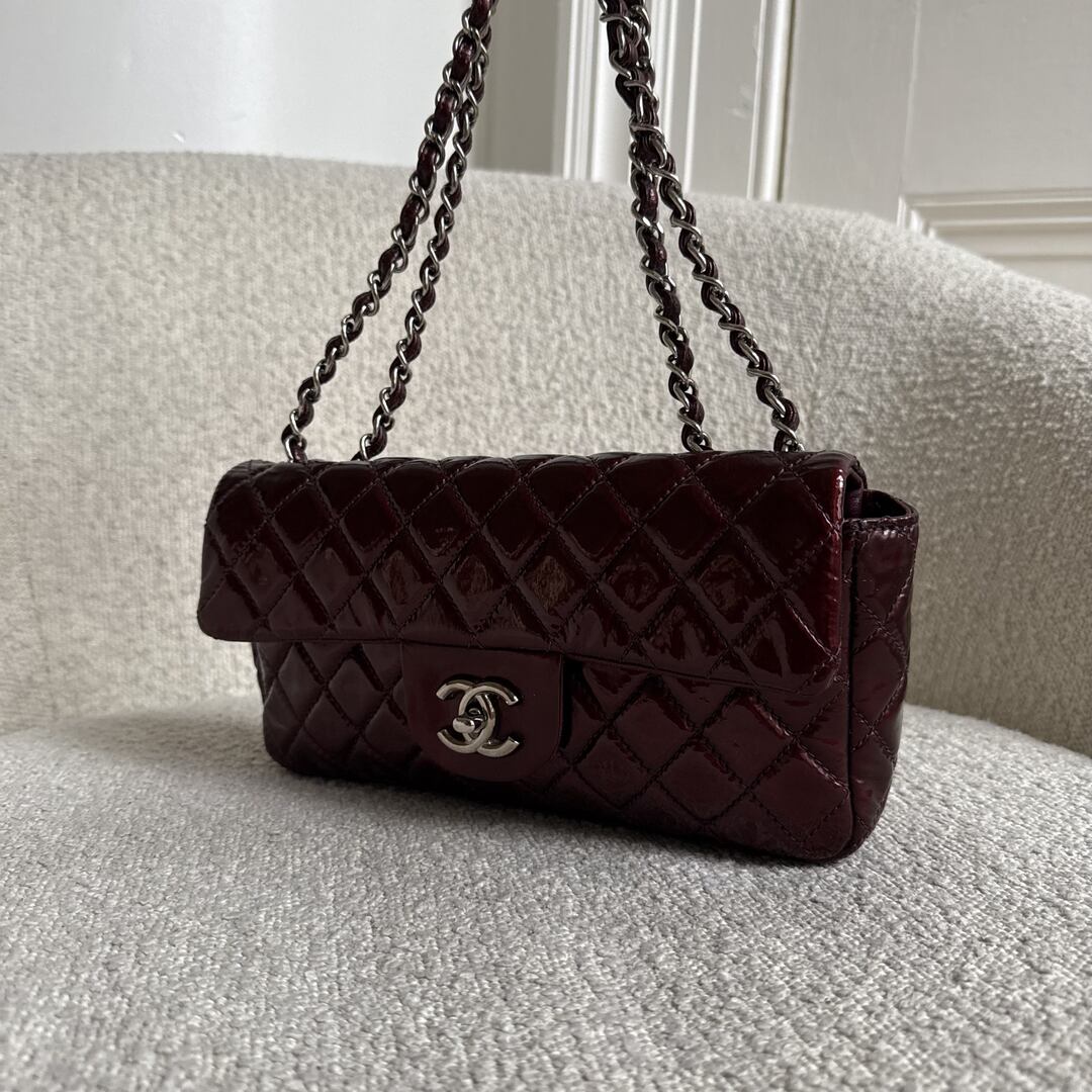 2008 Chanel East West Patent Leather Flap Bordeaux Shoulder Bag