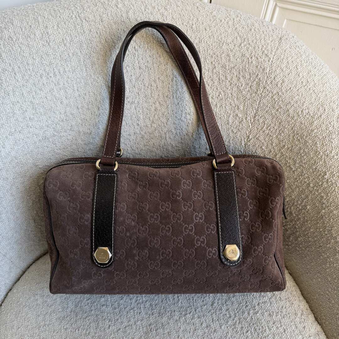 Rare Gucci GG Suede Charmy Boston Brown Shoulder Bag