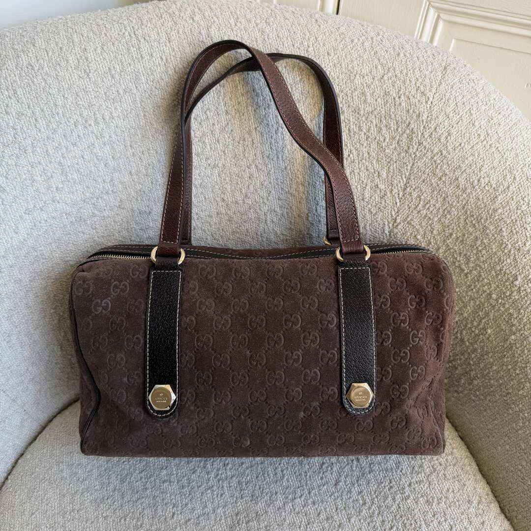 Rare Gucci GG Suede Charmy Boston Brown Shoulder Bag