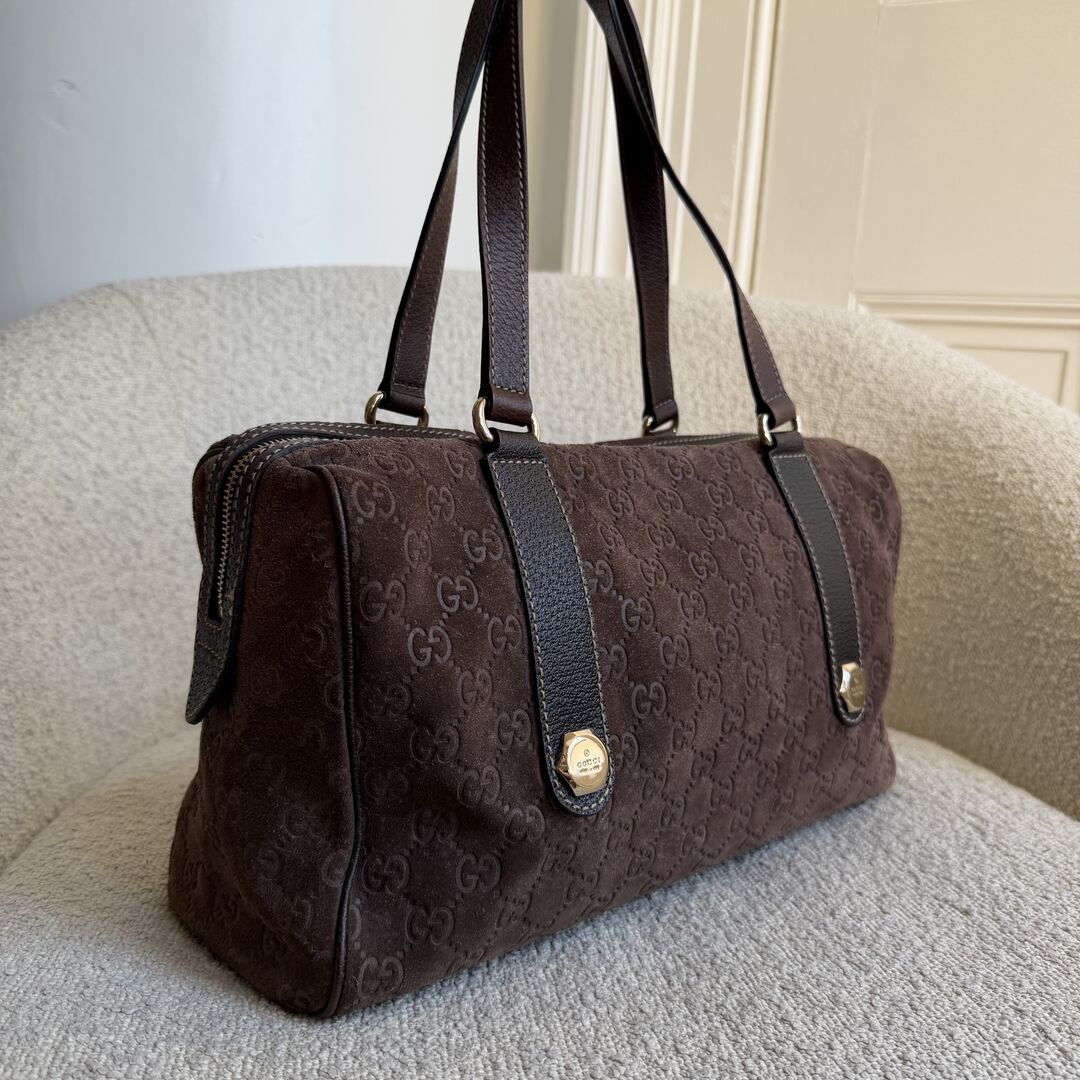 Rare Gucci GG Suede Charmy Boston Brown Shoulder Bag