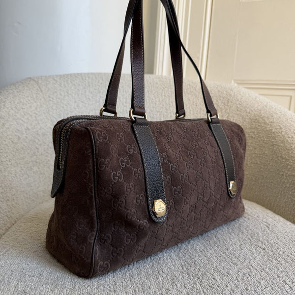 Rare Gucci GG Suede Charmy Boston Brown Shoulder Bag