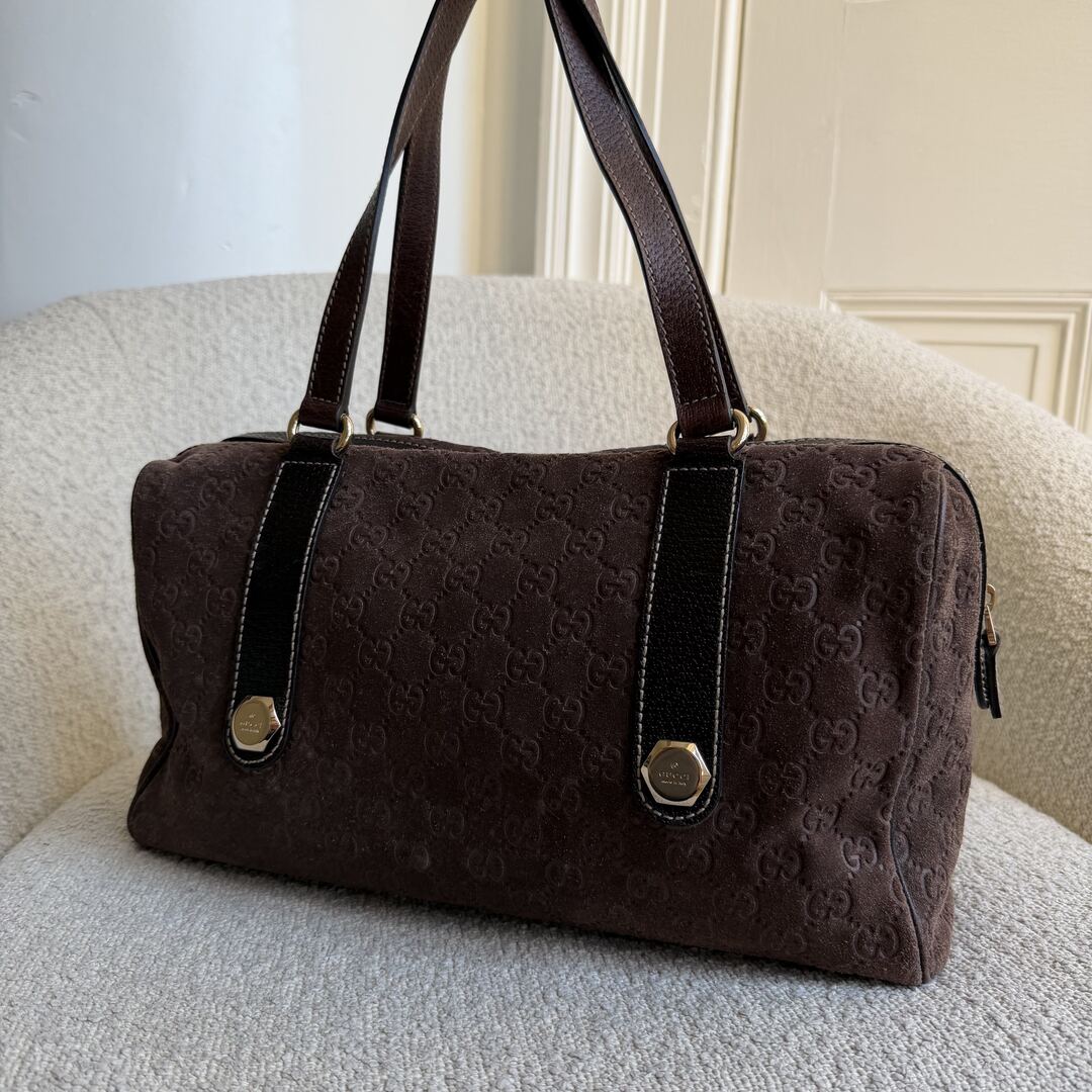 Rare Gucci GG Suede Charmy Boston Brown Shoulder Bag