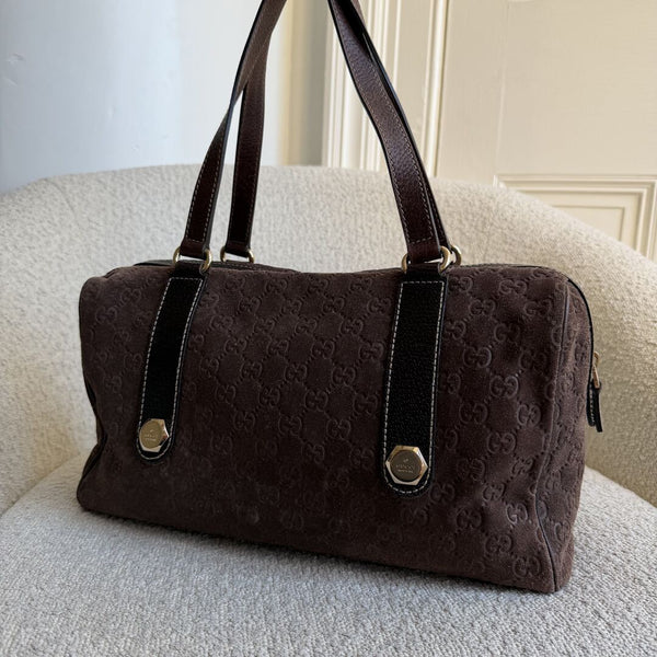 Rare Gucci GG Suede Charmy Boston Brown Shoulder Bag