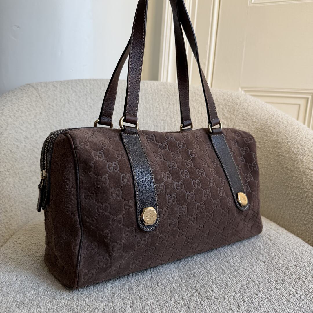 Rare Gucci GG Suede Charmy Boston Brown Shoulder Bag
