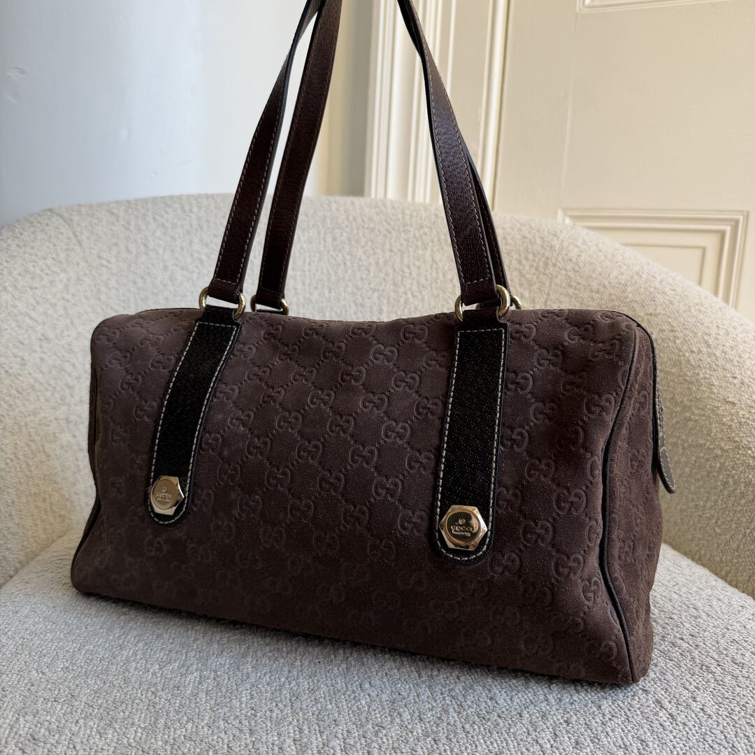 Rare Gucci GG Suede Charmy Boston Brown Shoulder Bag