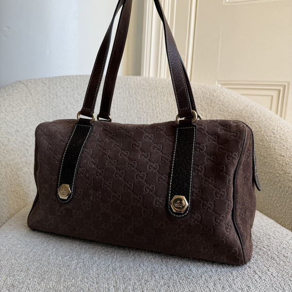 Rare Gucci GG Suede Charmy Boston Brown Shoulder Bag