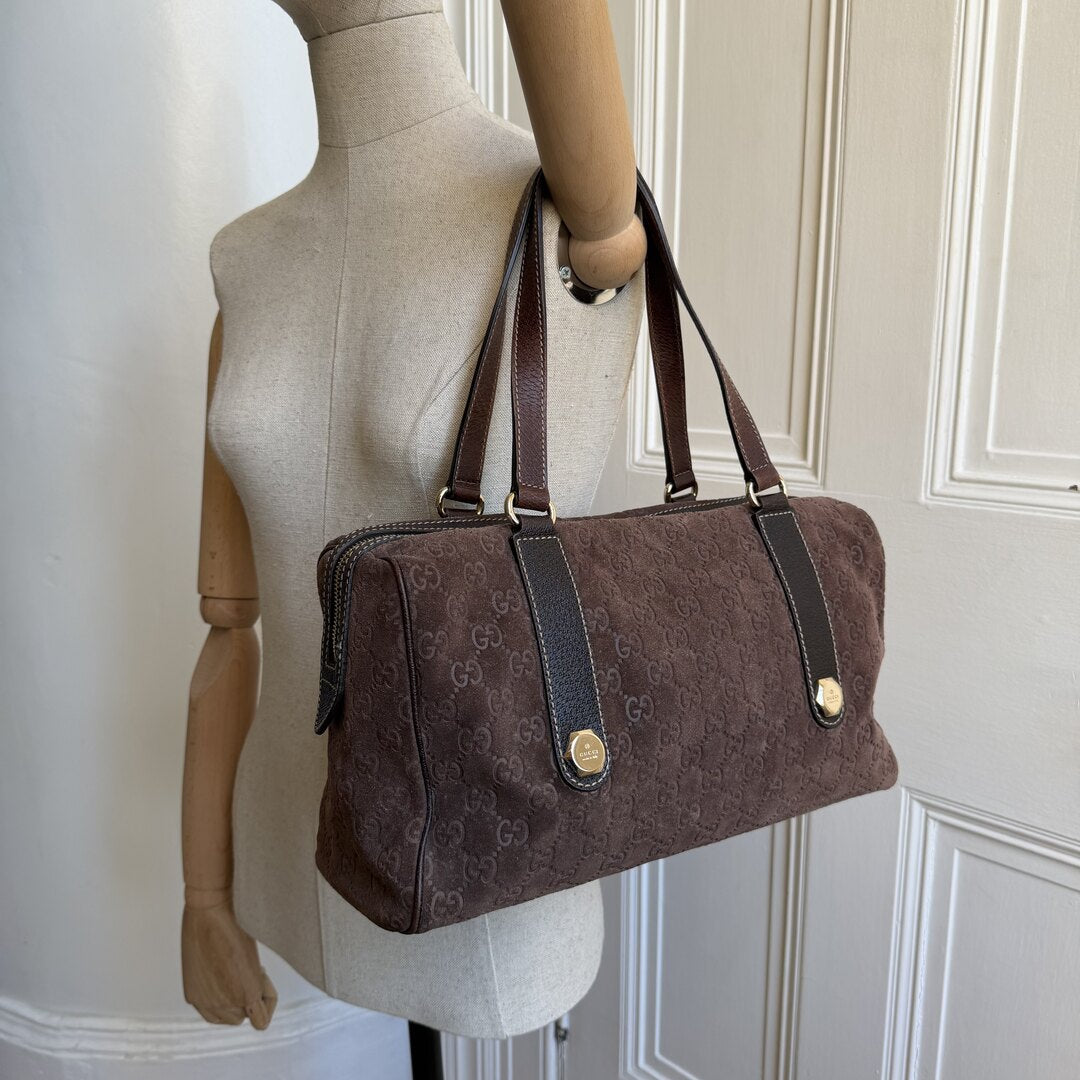 Rare Gucci GG Suede Charmy Boston Brown Shoulder Bag
