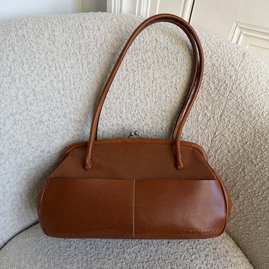 Archive Miu Miu Kiss-Lock Brown Leather Shoulder Bag