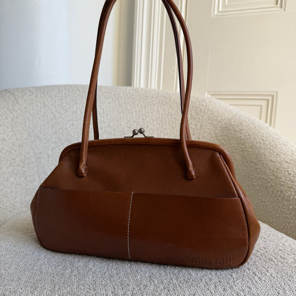 Archive Miu Miu Kiss-Lock Brown Leather Shoulder Bag