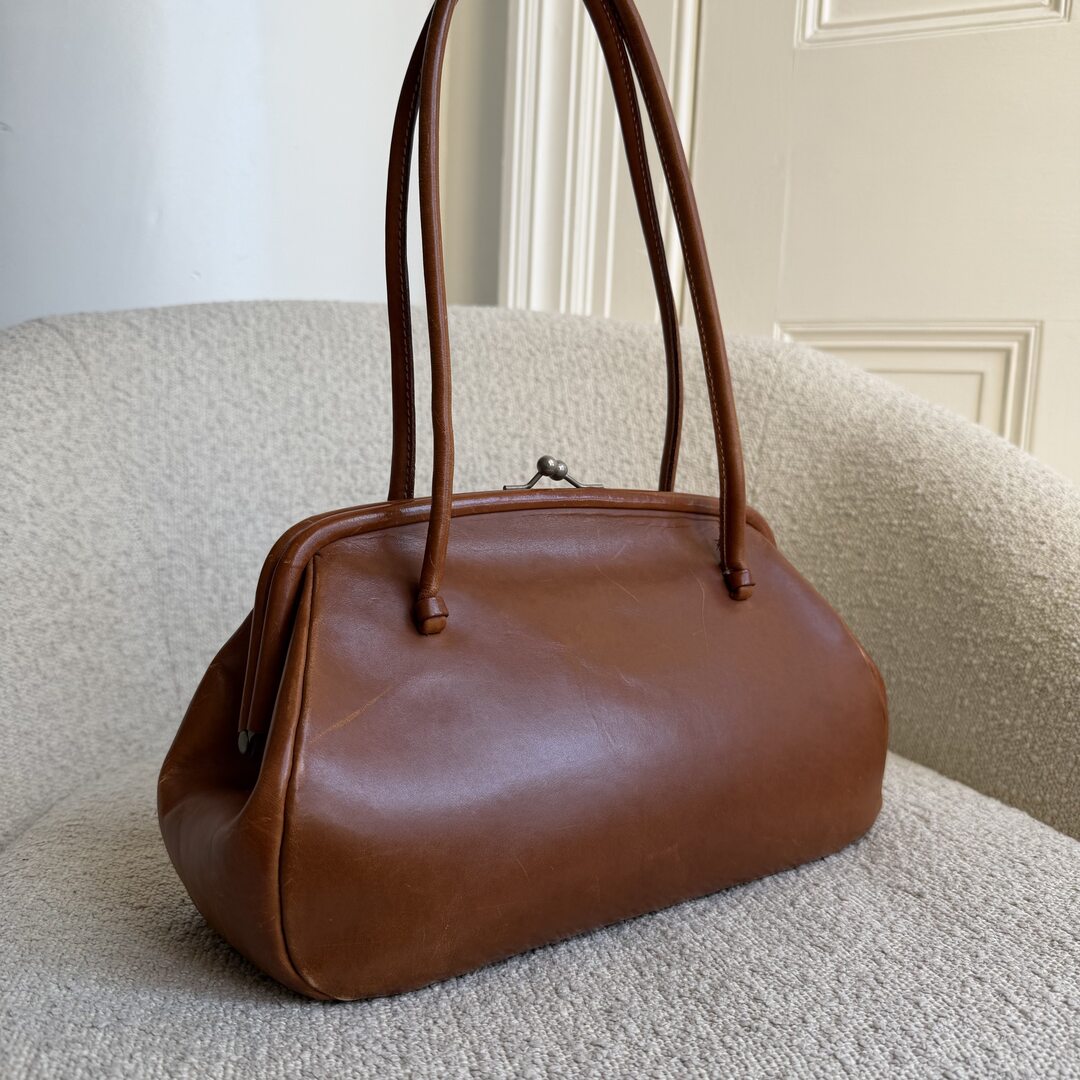 Archive Miu Miu Kiss-Lock Brown Leather Shoulder Bag