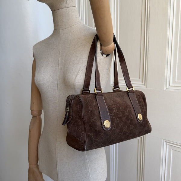 Rare Gucci GG Suede Charmy Boston Brown Shoulder Bag