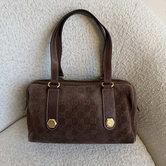 Rare Gucci GG Suede Charmy Boston Brown Shoulder Bag