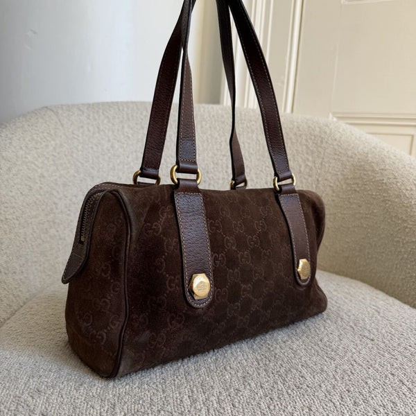 Rare Gucci GG Suede Charmy Boston Brown Shoulder Bag