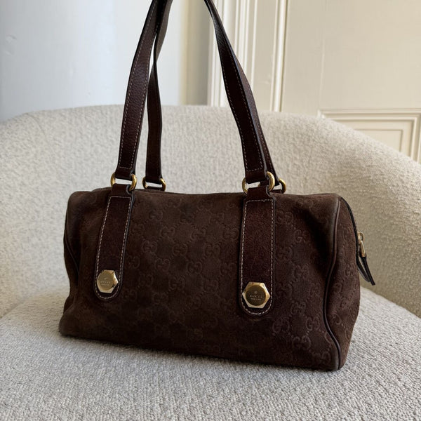 Rare Gucci GG Suede Charmy Boston Brown Shoulder Bag