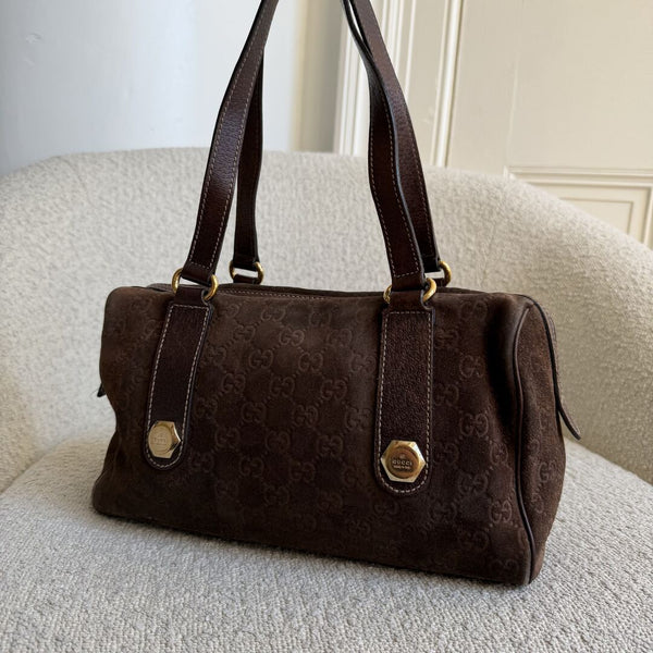 Rare Gucci GG Suede Charmy Boston Brown Shoulder Bag