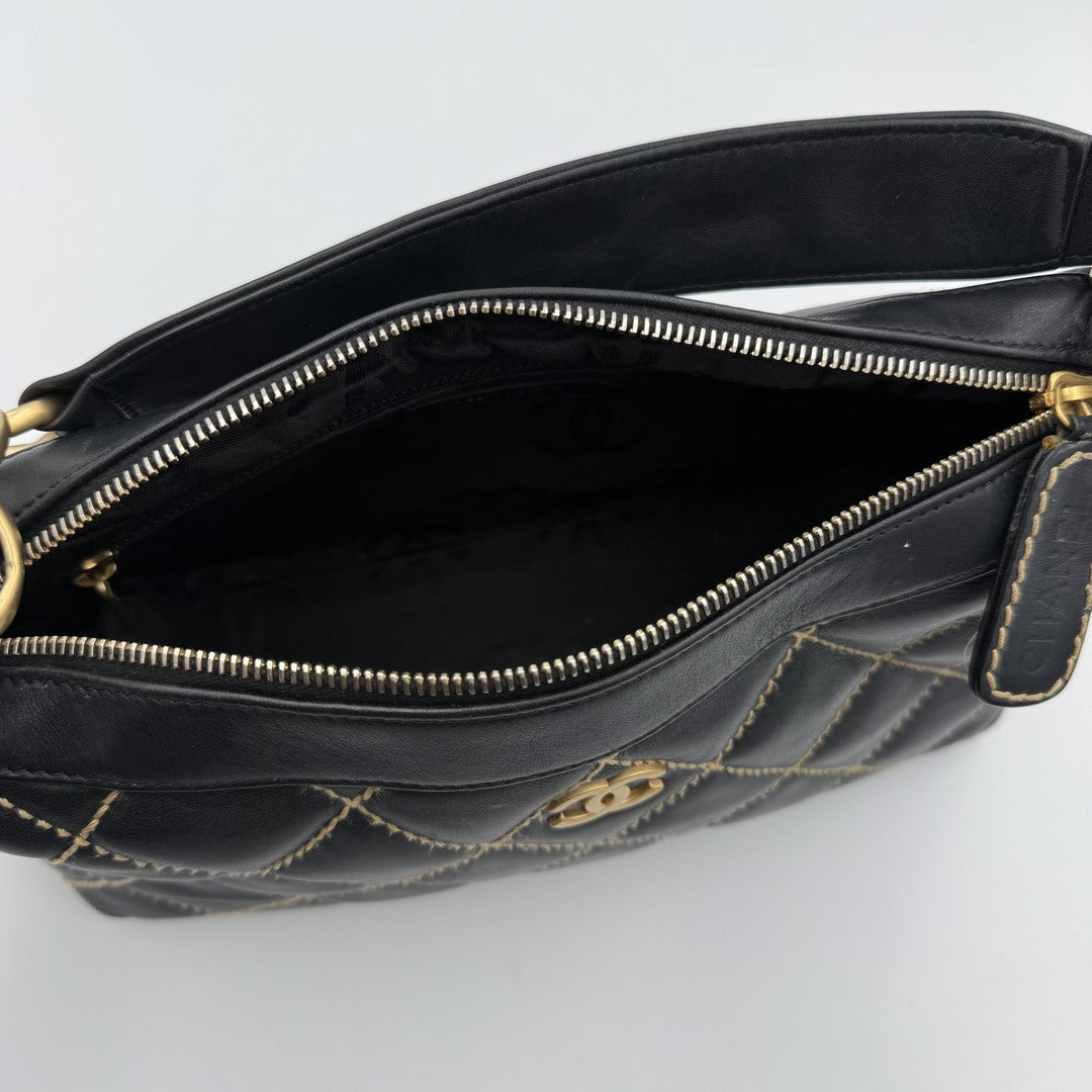 2005 Chanel CC Surpique Wild Stitch Black Leather Handbag