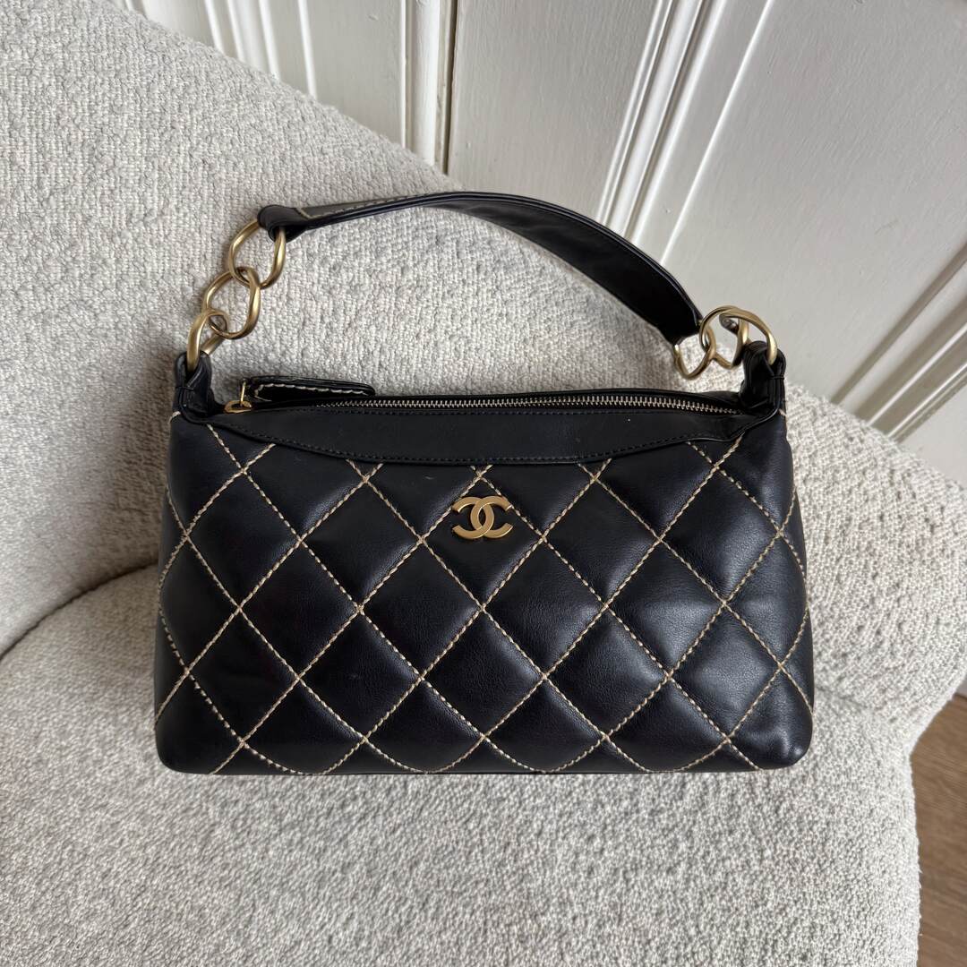 2005 Chanel CC Surpique Wild Stitch Black Leather Handbag