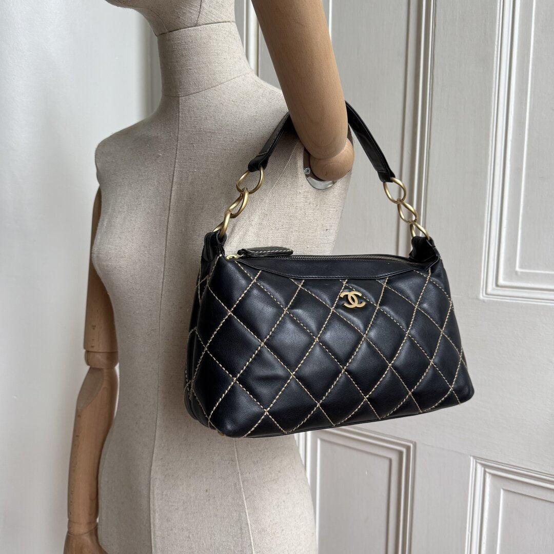 2005 Chanel CC Surpique Wild Stitch Black Leather Handbag