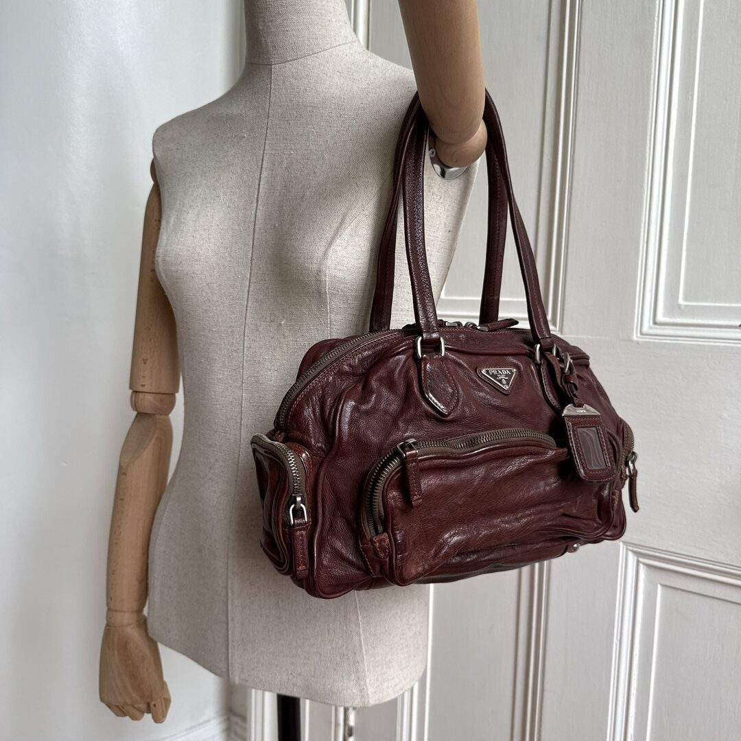 2007 Prada Washed Bauletto Brown Leather Shoulder Bag