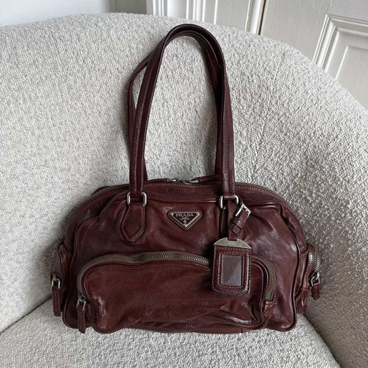 2007 Prada Washed Bauletto Brown Leather Shoulder Bag