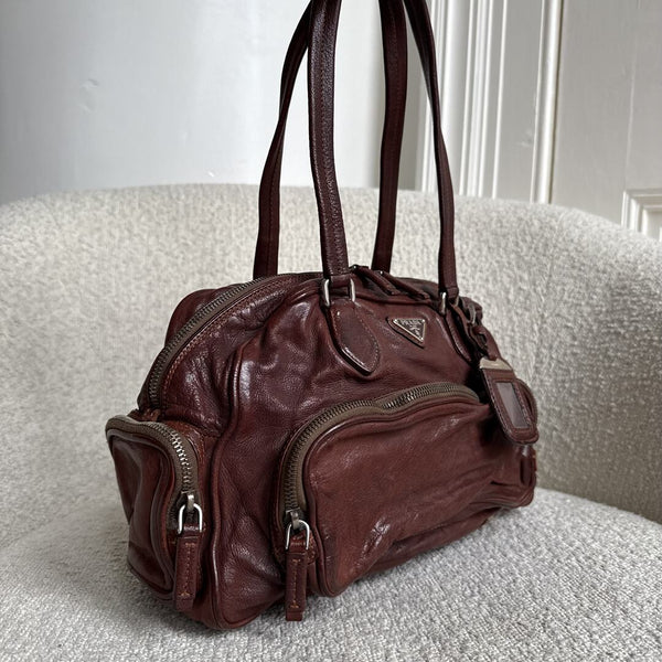 2007 Prada Washed Bauletto Brown Leather Shoulder Bag