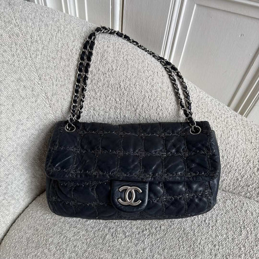 2008 Chanel Paris Byzance Tweed Stitch Black Flap Shoulder Bag