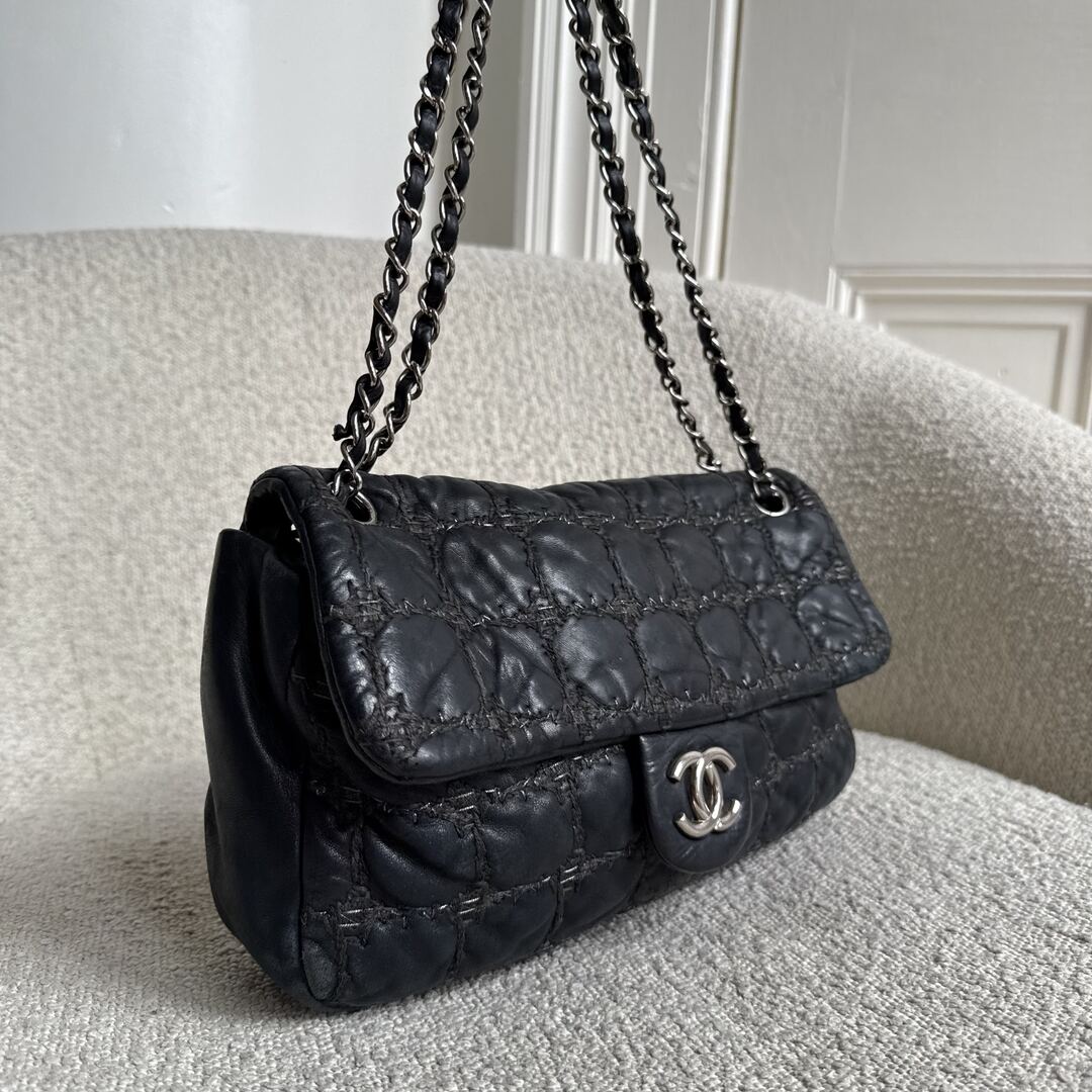 2008 Chanel Paris Byzance Tweed Stitch Black Flap Shoulder Bag