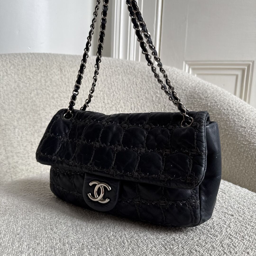 2008 Chanel Paris Byzance Tweed Stitch Black Flap Shoulder Bag