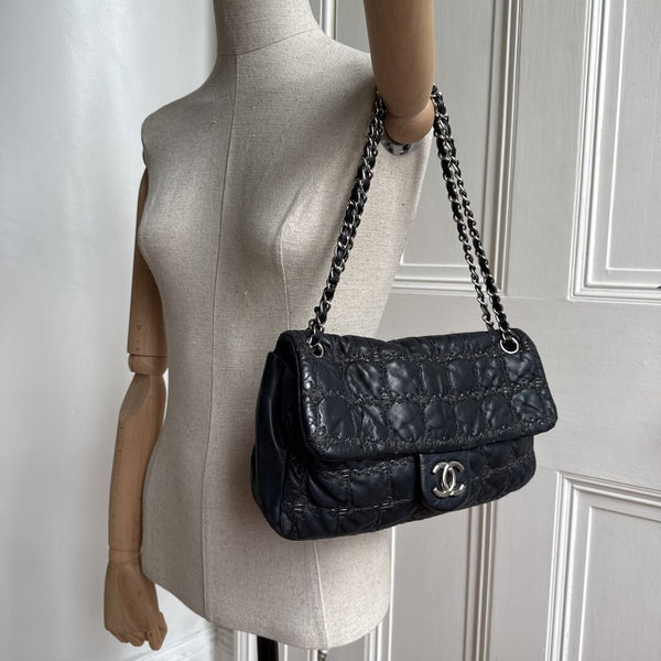 2008 Chanel Paris Byzance Tweed Stitch Black Flap Shoulder Bag