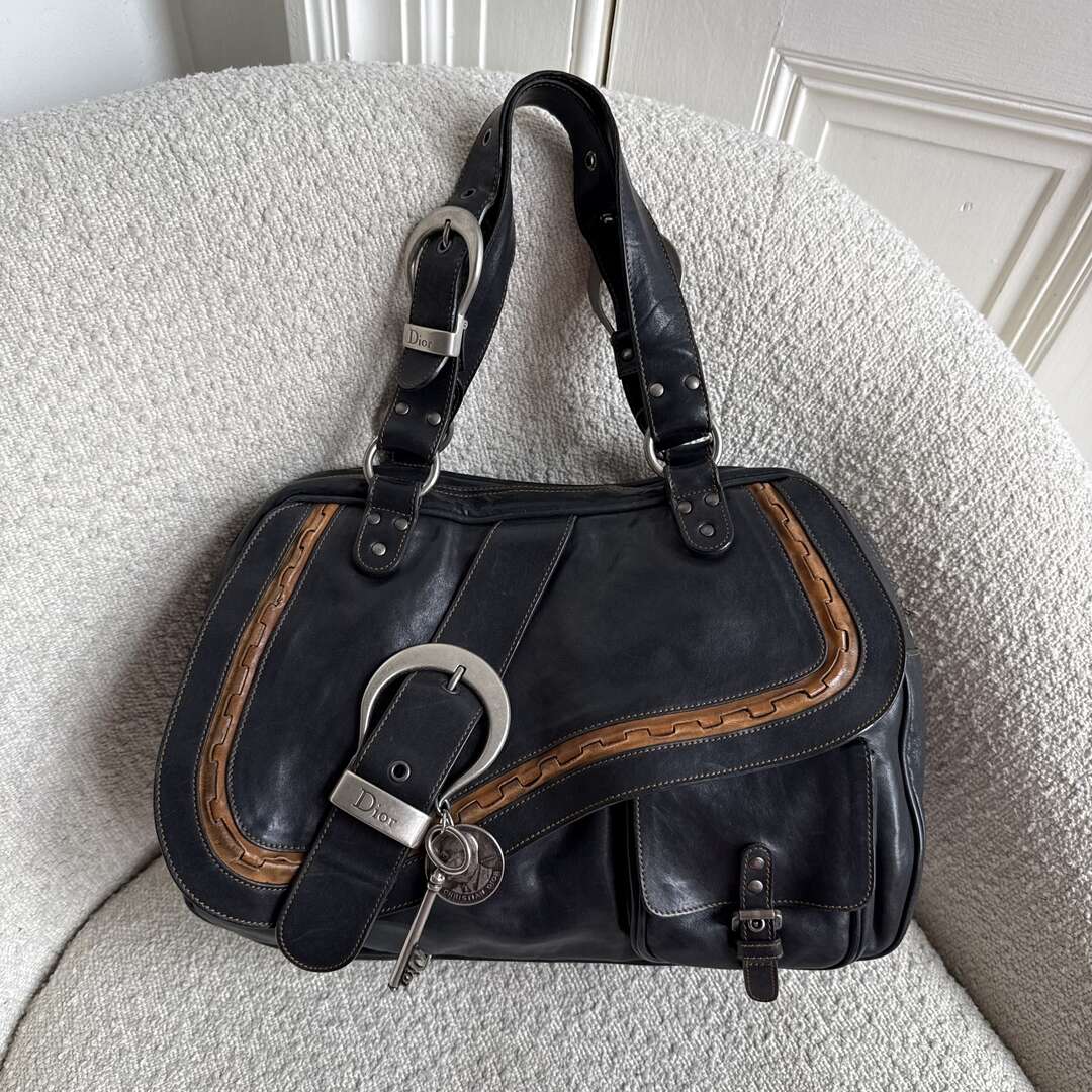 2007 Dior Gaucho Double Saddle Black Leather Shoulder Bag