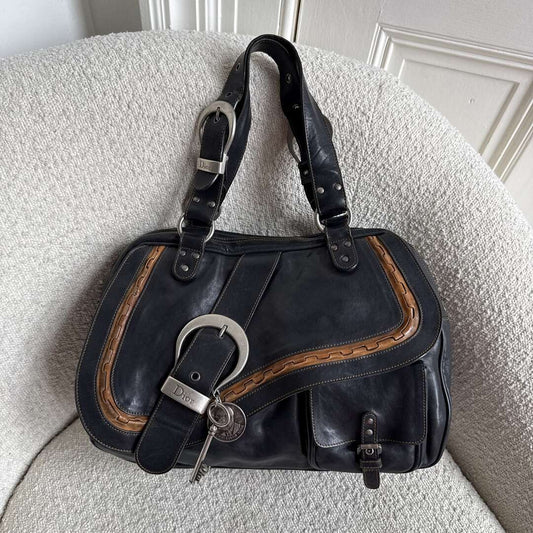 2007 Dior Gaucho Double Saddle Black Leather Shoulder Bag
