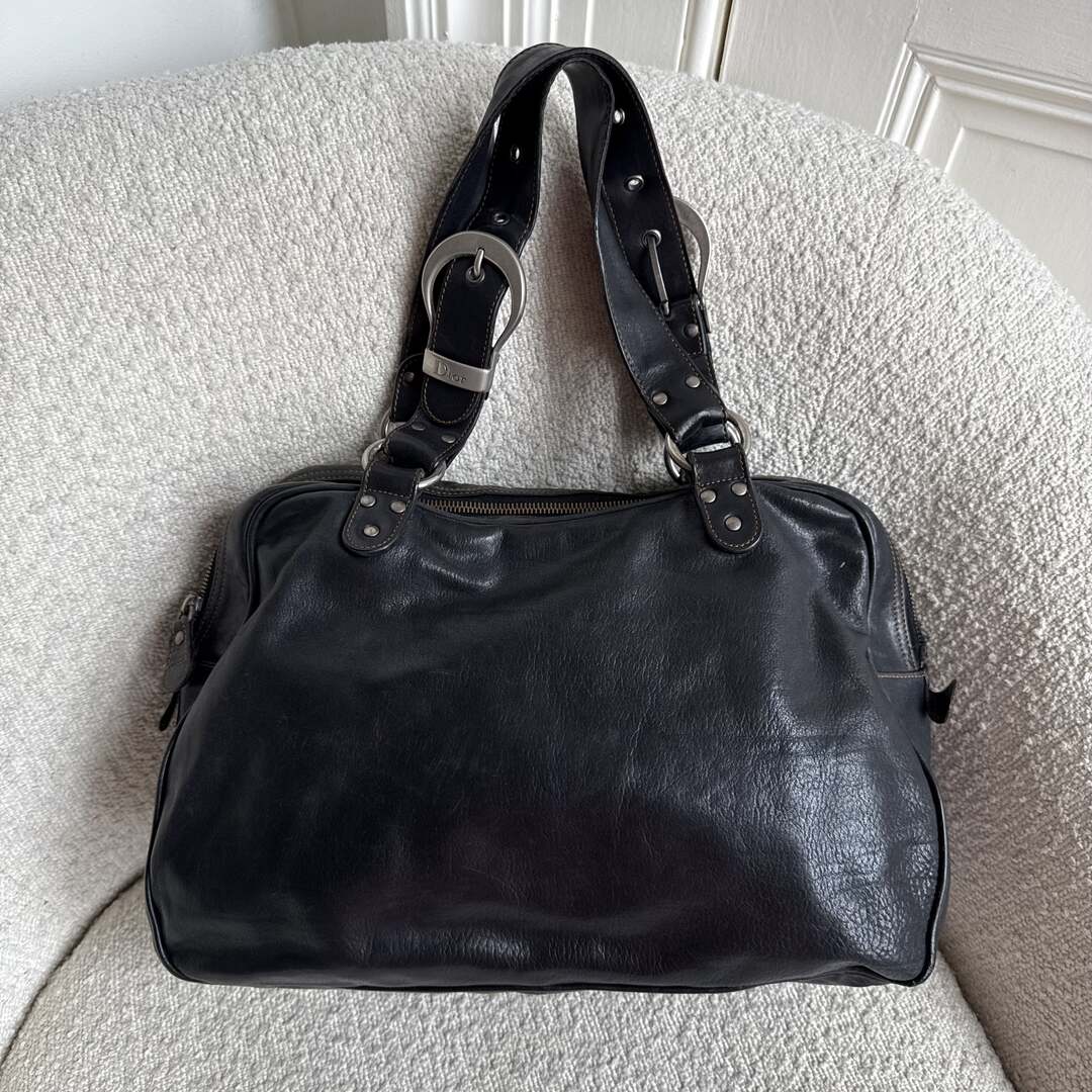 2007 Dior Gaucho Double Saddle Black Leather Shoulder Bag