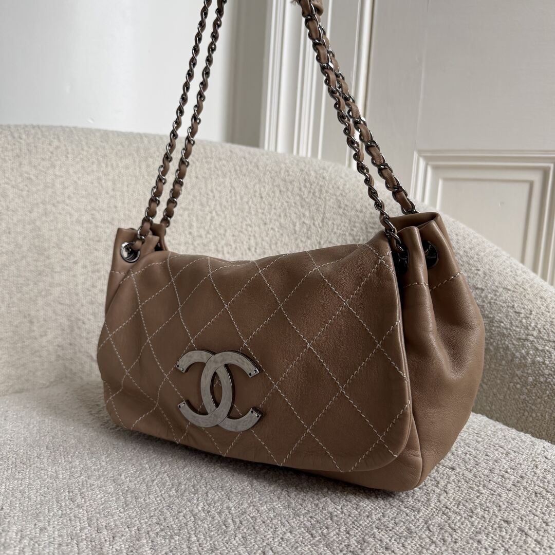 2004 Chanel CC Wild Stitch Surpique Chain Flap Beige Shoulder Bag