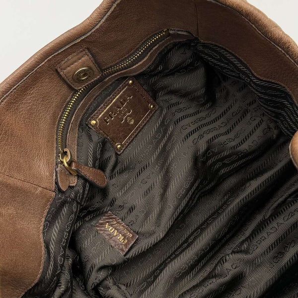 2009 Prada Cervo Shine Brown Leather Shoulder Bag